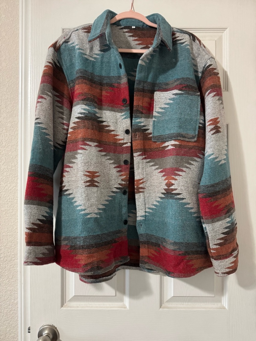 Southwestern Aztec Print Button-Up Jacket - Teal, Red, Rust, Gray